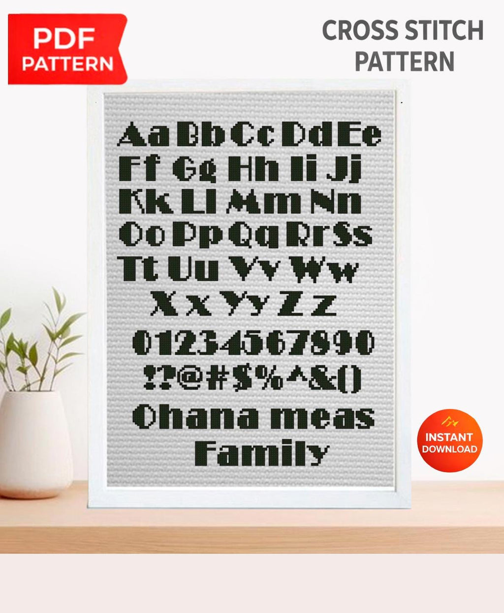 ABC Alphabet Cross Stitch Pattern PDF, Bold Decorative Uppercase and Lowercase Font with Numbers and Symbols, Custom Name Embroidery Chart - NuttyHappyHobby