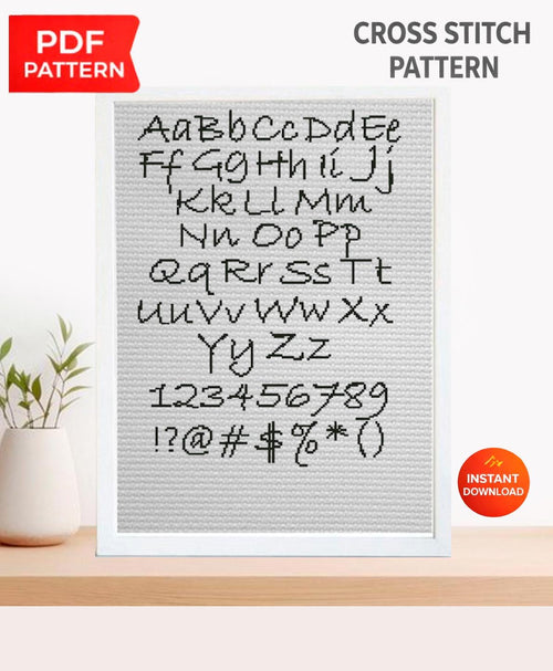 ABC Alphabet Cross Stitch Pattern PDF, Handwritten Font Embroidery Design with Numbers and Symbols, Educational Nursery Wall Art Download - NuttyHappyHobby