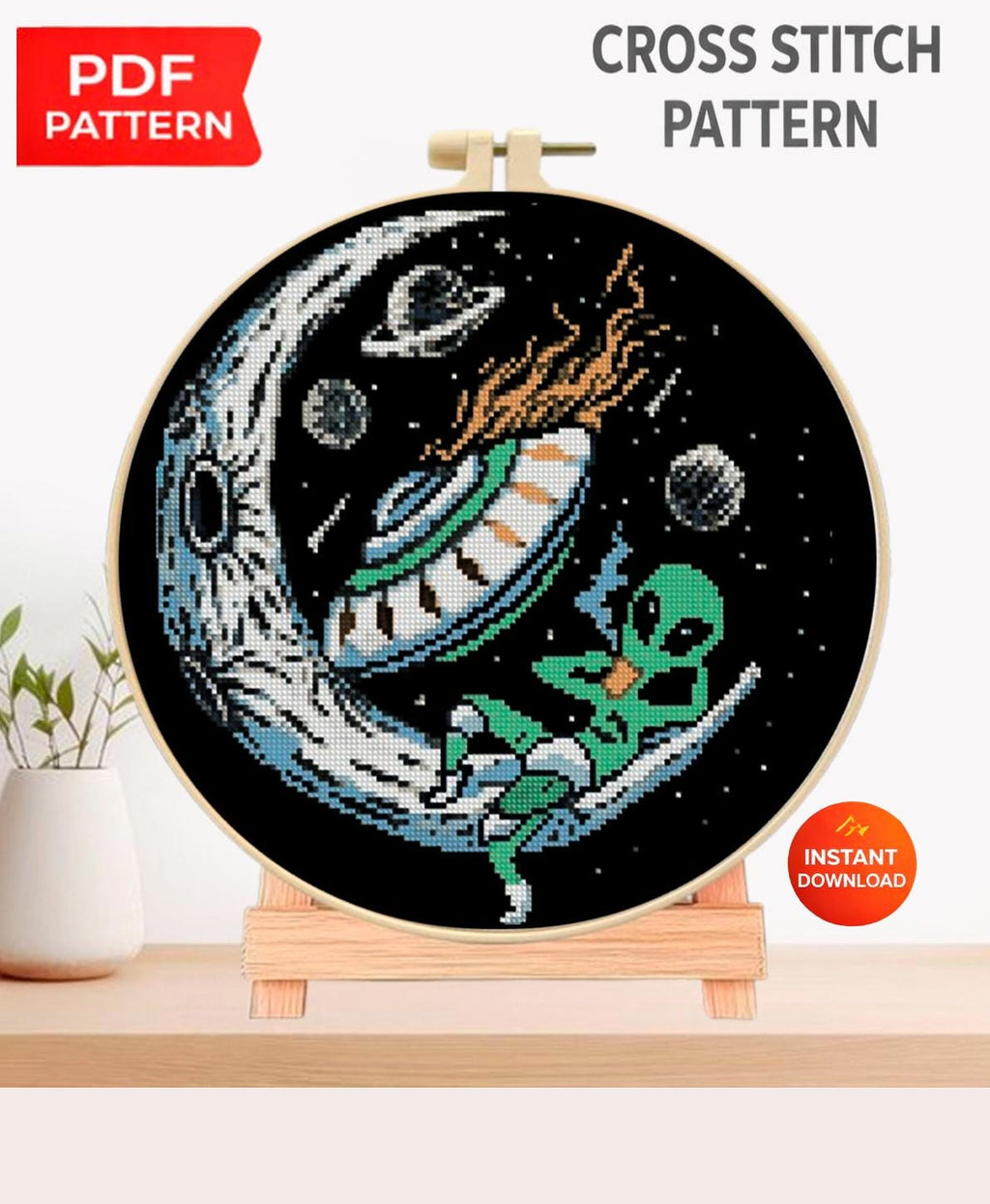 Alien UFO Cross Stitch Pattern PDF, Cute Space Alien Embroidery Design, UFO Abduction Cross Stitch Chart, Sci - Fi Galaxy Needlework download - NuttyHappyHobby