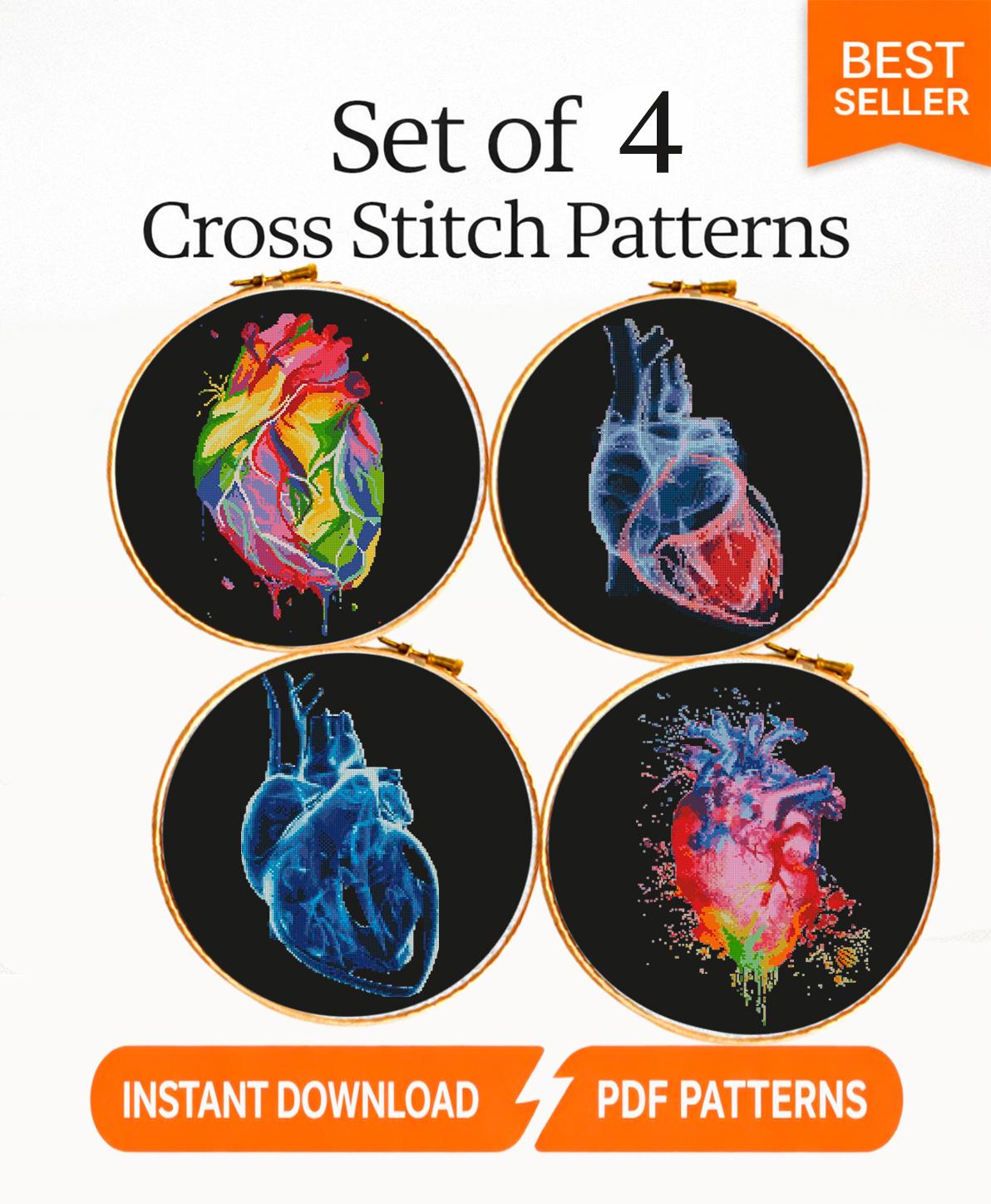 Anatomical Heart Cross Stitch Pattern Bundle, Heart Anatomy PDF, X Ray Heart Embroidery, Gothic Medical Cross Stitch Set - NuttyHappyHobby