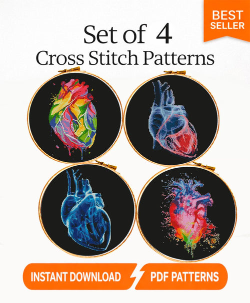 Anatomical Heart Cross Stitch Pattern Bundle, Heart Anatomy PDF, X Ray Heart Embroidery, Gothic Medical Cross Stitch Set - NuttyHappyHobby