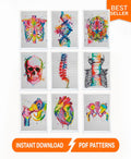 Anatomy Cross Stitch Bundle PDF, Watercolor Skeleton Embroidery Patterns, Gothic Medical Counted Cross Stitch Set, Medical Embroidery Set - NuttyHappyHobby