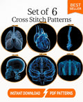 Anatomy Cross Stitch Pattern Bundle PDF, X Ray Embroidery Set of 6, Gothic Medical Anatomy Decor, Brain Skull Spine Heart Lungs Rib Cage - NuttyHappyHobby