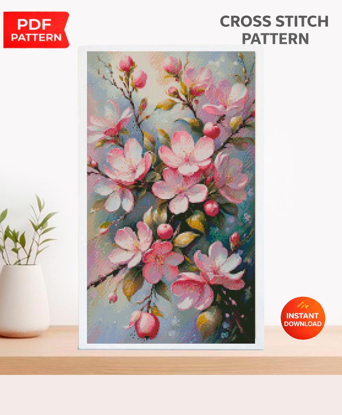 Apple Blossom Cross Stitch Pattern PDF, Cherry Blossom Floral Embroidery Chart, Spring Flower Wall Art, Botanical Cross Stitch, Download - NuttyHappyHobby