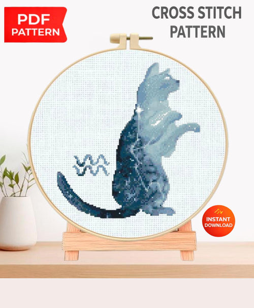 Aquarius Cat Cross Stitch Pattern PDF, Zodiac Cat Embroidery Design, Astrology Constellation Cross Stitch Chart, Horoscope Needlework - NuttyHappyHobby