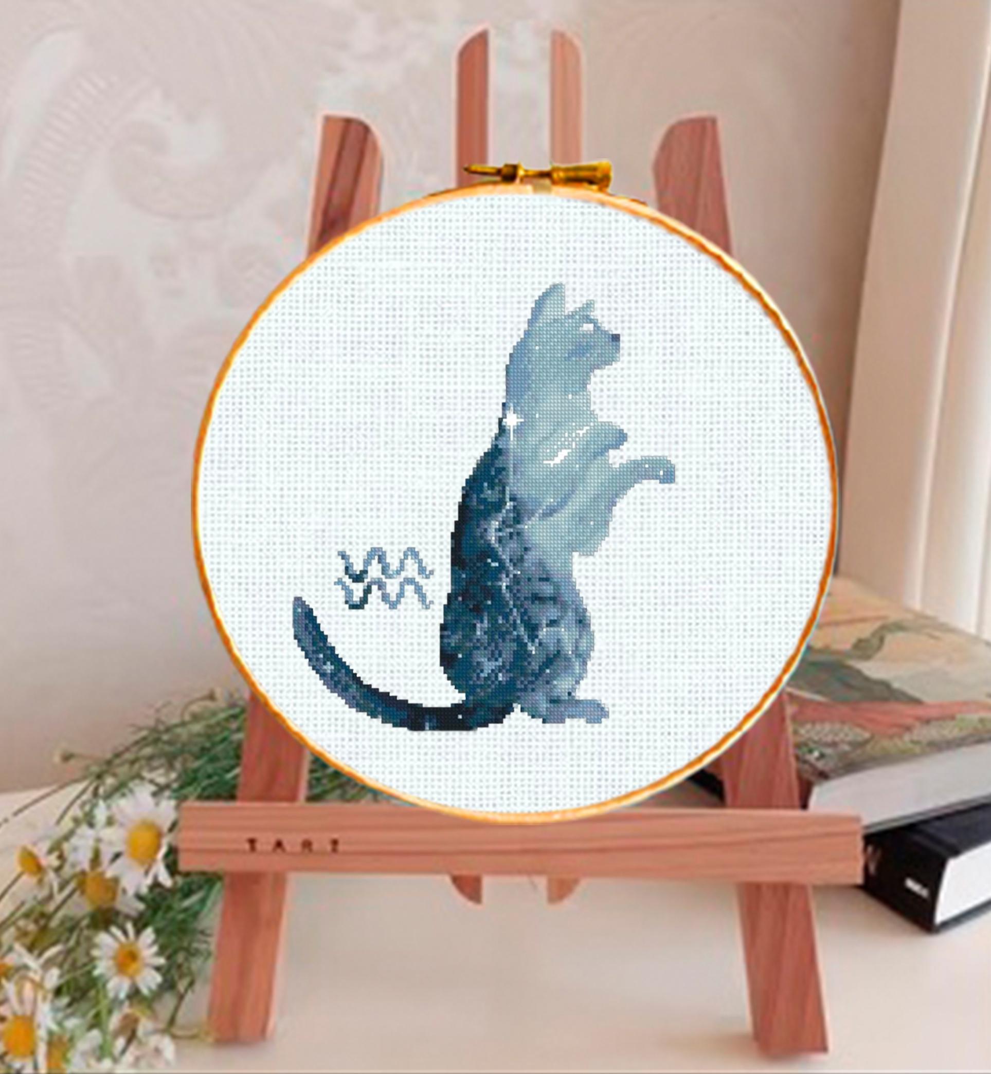 Aquarius Cat Cross Stitch Pattern PDF, Zodiac Cat Embroidery Design, Astrology Constellation Cross Stitch Chart, Horoscope Needlework - NuttyHappyHobby