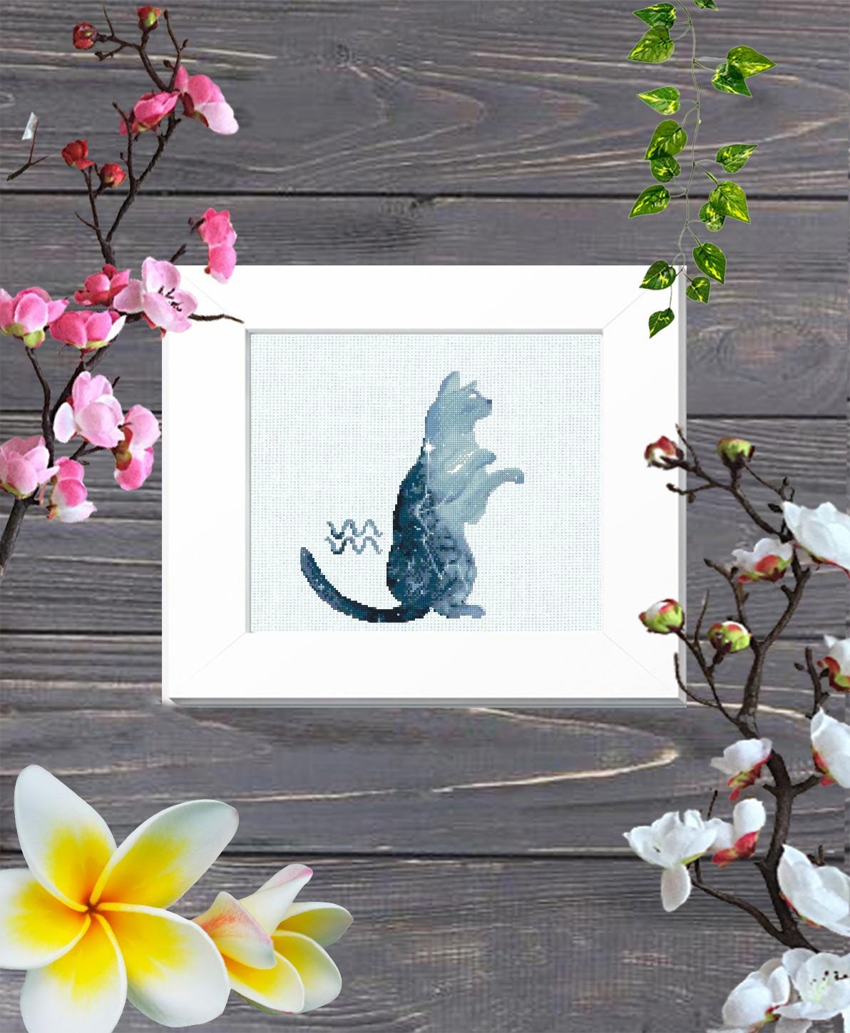 Aquarius Cat Cross Stitch Pattern PDF, Zodiac Cat Embroidery Design, Astrology Constellation Cross Stitch Chart, Horoscope Needlework - NuttyHappyHobby