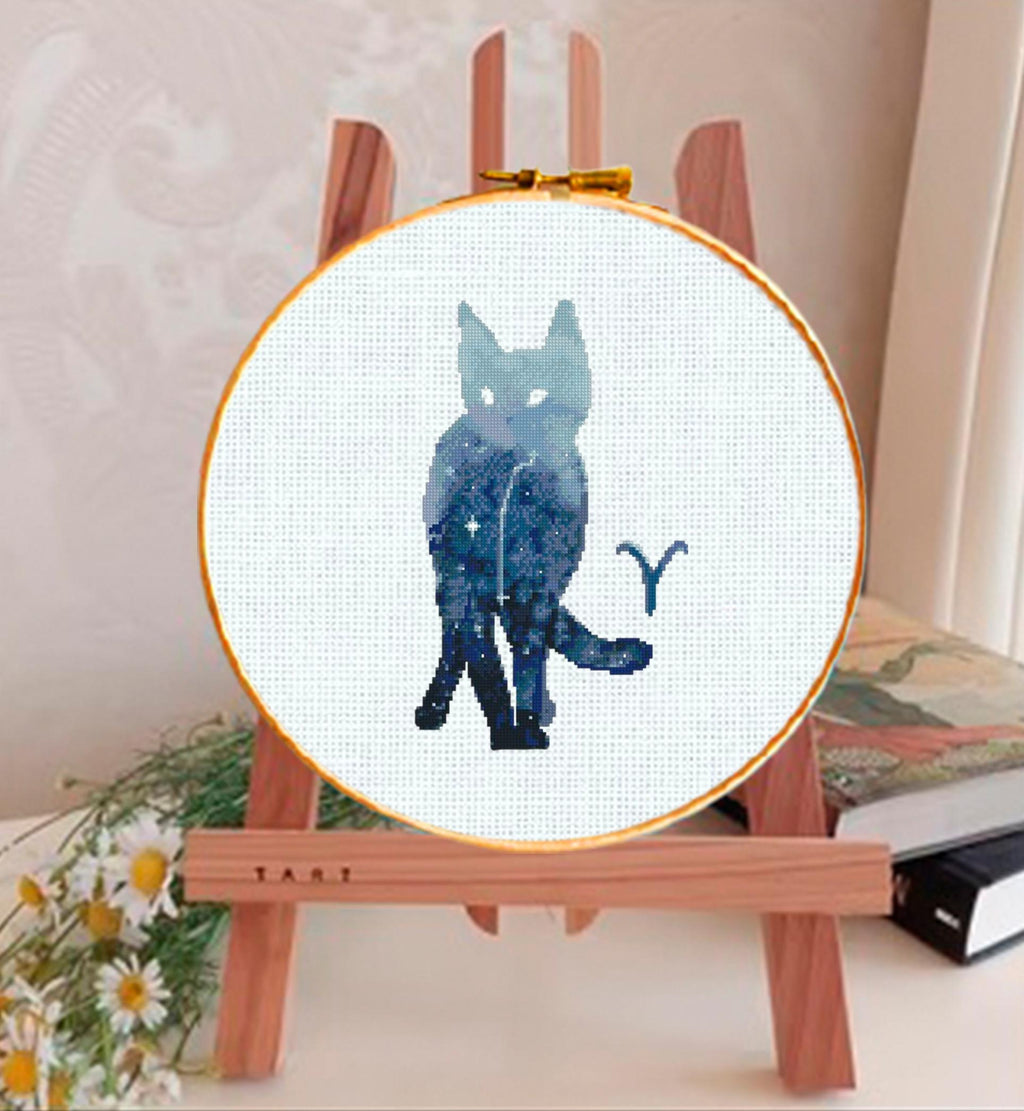 Aries Cat Cross Stitch Pattern PDF, Zodiac Cat Embroidery Design, Astrology Constellation Cross Stitch Chart, Horoscope Needlework, download - NuttyHappyHobby