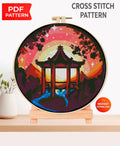Asian Pavilion Cross Stitch Pattern PDF, Japanese Garden Sunset Embroidery Design, Oriental Landscape Cross Stitch Digital Download pdf - NuttyHappyHobby