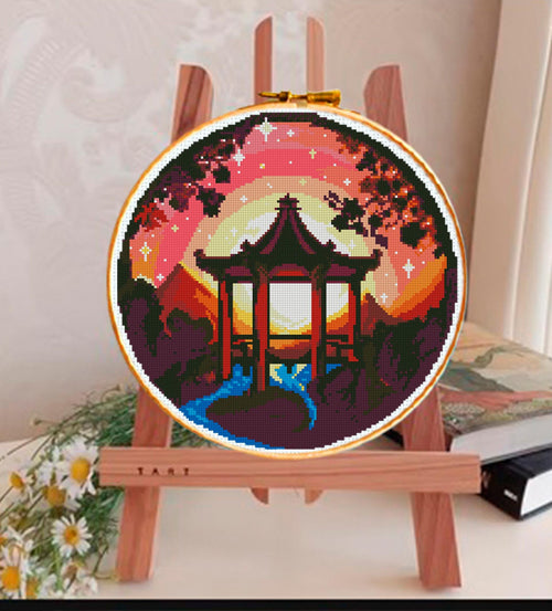 Asian Pavilion Cross Stitch Pattern PDF, Japanese Garden Sunset Embroidery Design, Oriental Landscape Cross Stitch Digital Download pdf - NuttyHappyHobby