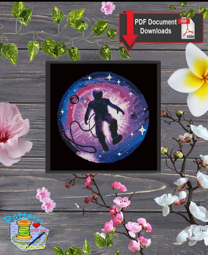 Astronaut Cross Stitch Pattern PDF, Galaxy Space Embroidery Design, Cosmic Astronaut Cross Stitch Chart, Sci - Fi Needlework, Instant Download - NuttyHappyHobby