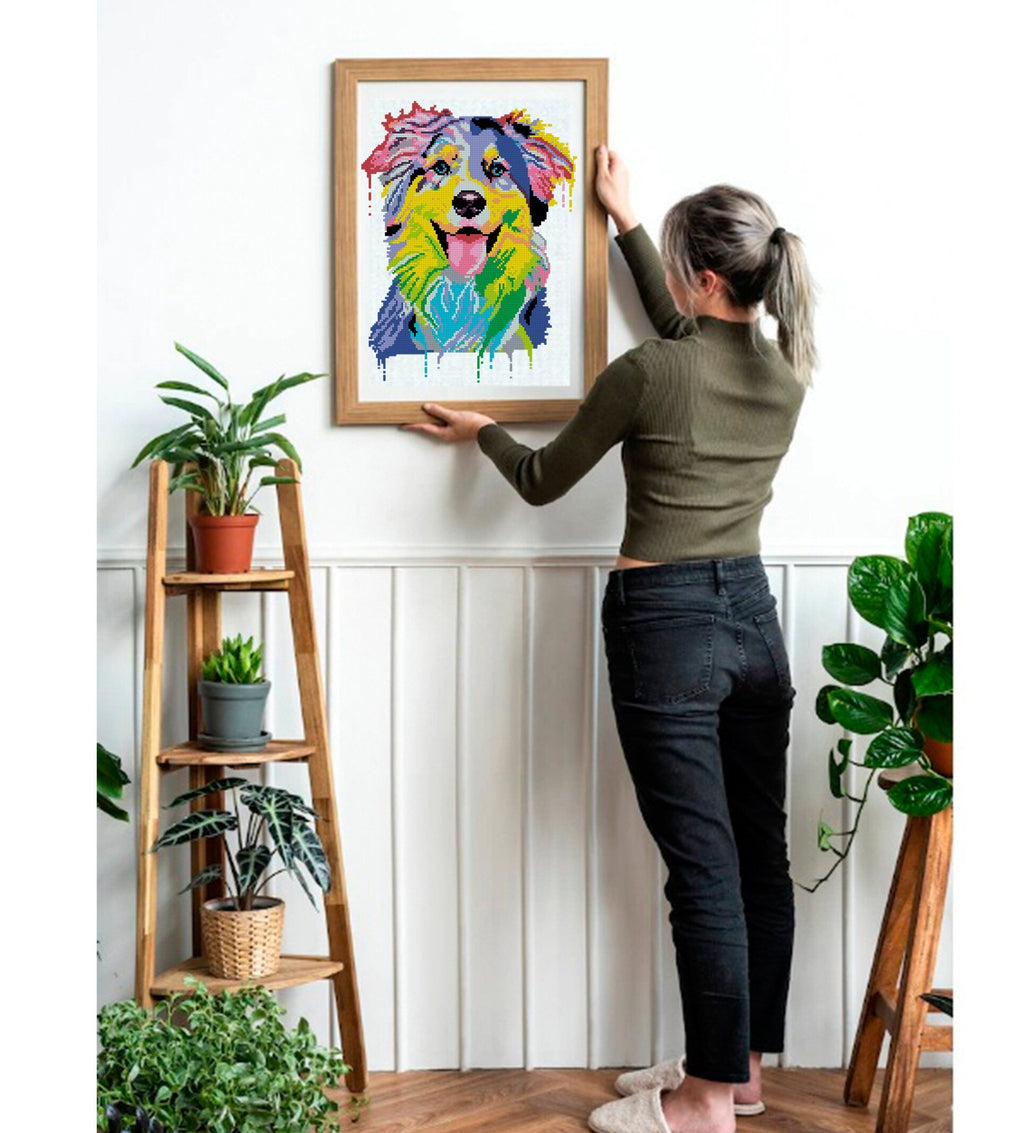 Australian Shepherd Cross Stitch Pattern PDF, Colorful Aussie Dog Embroidery Design, Modern Dog Portrait Needlework Chart, Dog Lover Gift - NuttyHappyHobby