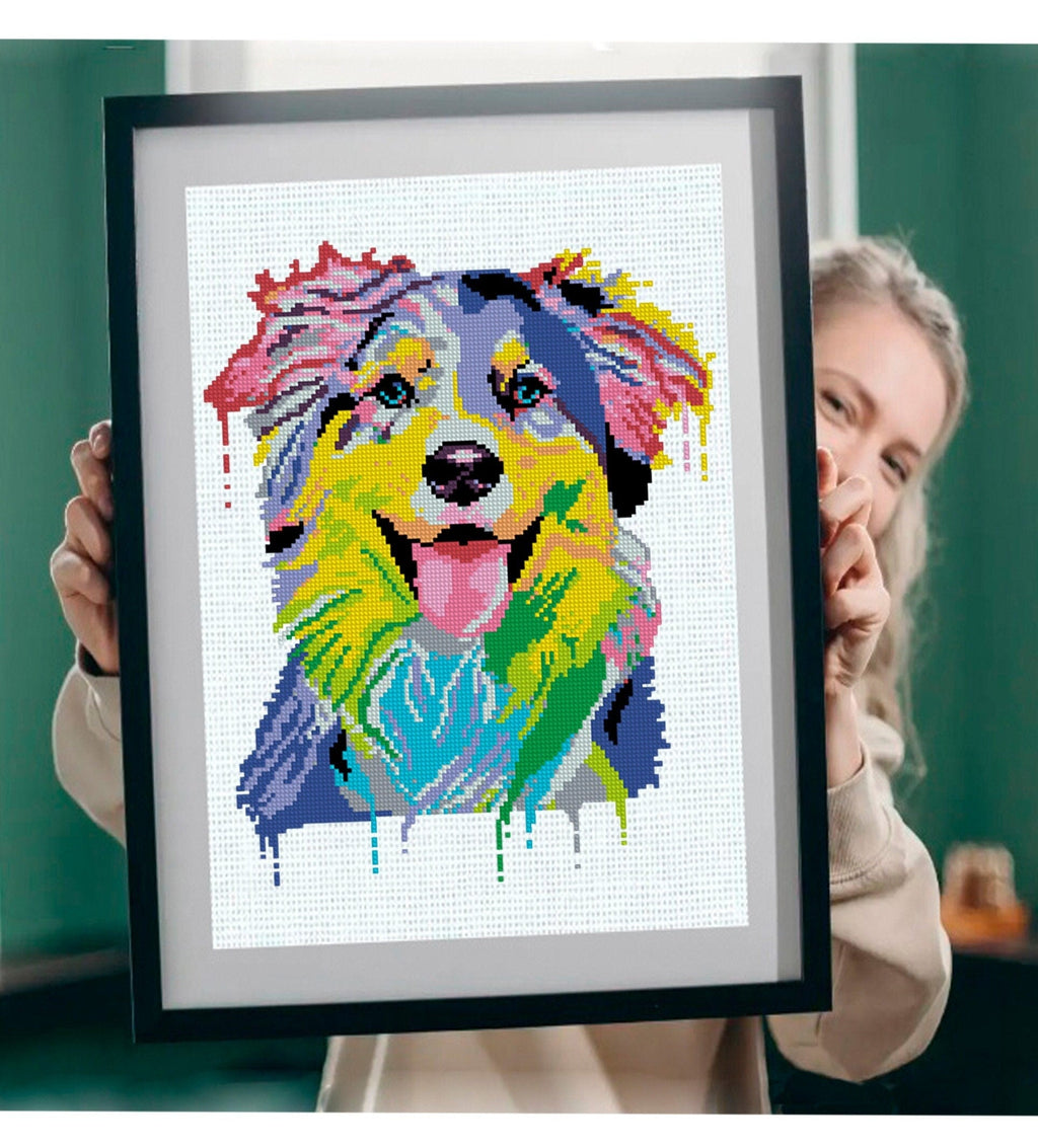 Australian Shepherd Cross Stitch Pattern PDF, Colorful Aussie Dog Embroidery Design, Modern Dog Portrait Needlework Chart, Dog Lover Gift - NuttyHappyHobby