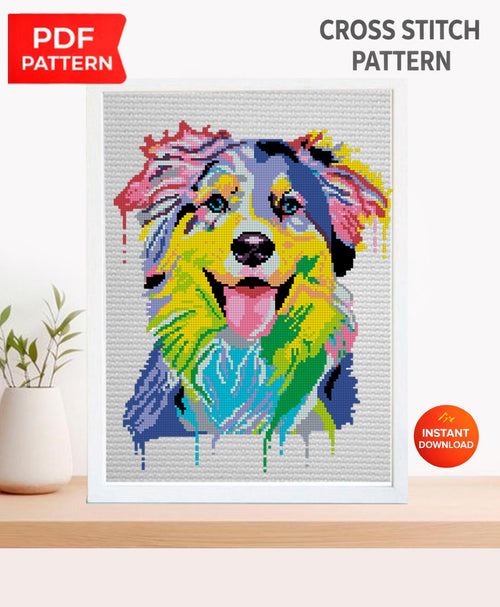 Australian Shepherd Cross Stitch Pattern PDF, Colorful Aussie Dog Embroidery Design, Modern Dog Portrait Needlework Chart, Dog Lover Gift - NuttyHappyHobby