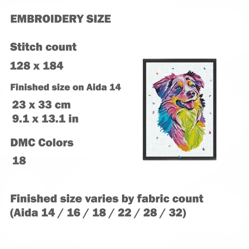 Australian Shepherd Cross Stitch Pattern PDF, Colorful Aussie Dog Portrait Embroidery Design, Modern Dog Needlework Chart, Dog Lover Gift - NuttyHappyHobby