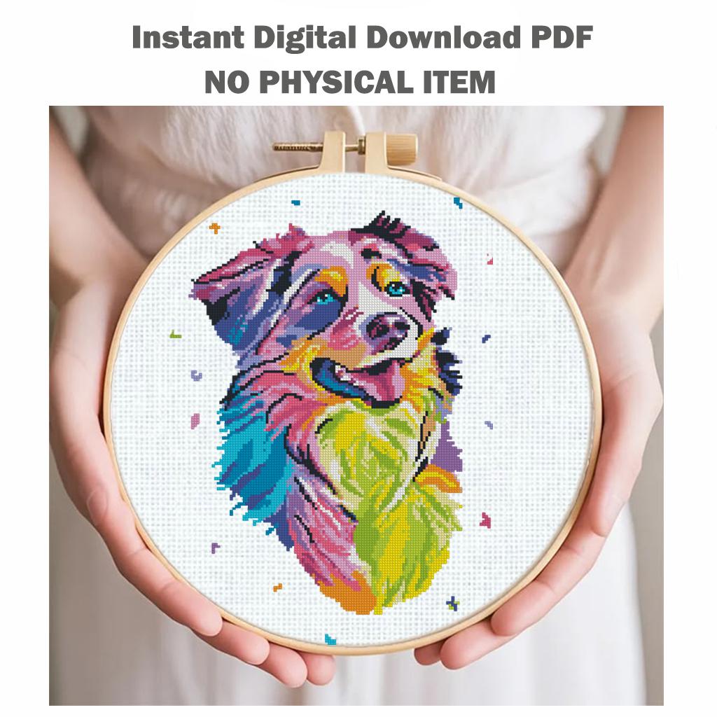 Australian Shepherd Cross Stitch Pattern PDF, Colorful Aussie Dog Portrait Embroidery Design, Modern Dog Needlework Chart, Dog Lover Gift - NuttyHappyHobby