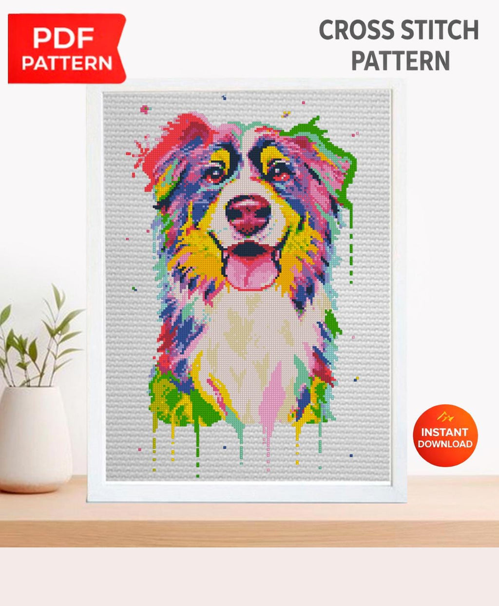 Australian Shepherd Cross Stitch Pattern PDF, Colorful Aussie Dog Portrait Embroidery Design, Modern Dog Needlework Chart, Dog Lover Gift - NuttyHappyHobby