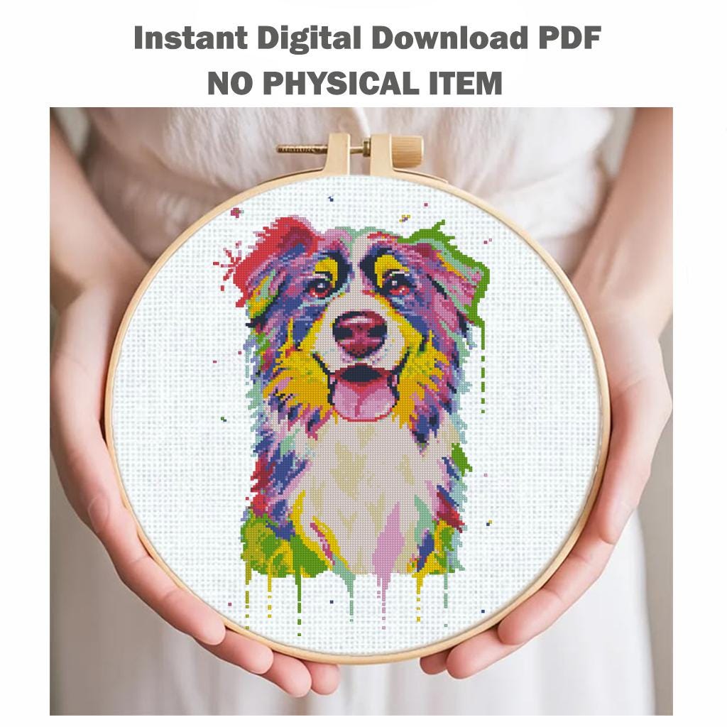 Australian Shepherd Cross Stitch Pattern PDF, Colorful Aussie Dog Portrait Embroidery Design, Modern Dog Needlework Chart, Dog Lover Gift - NuttyHappyHobby