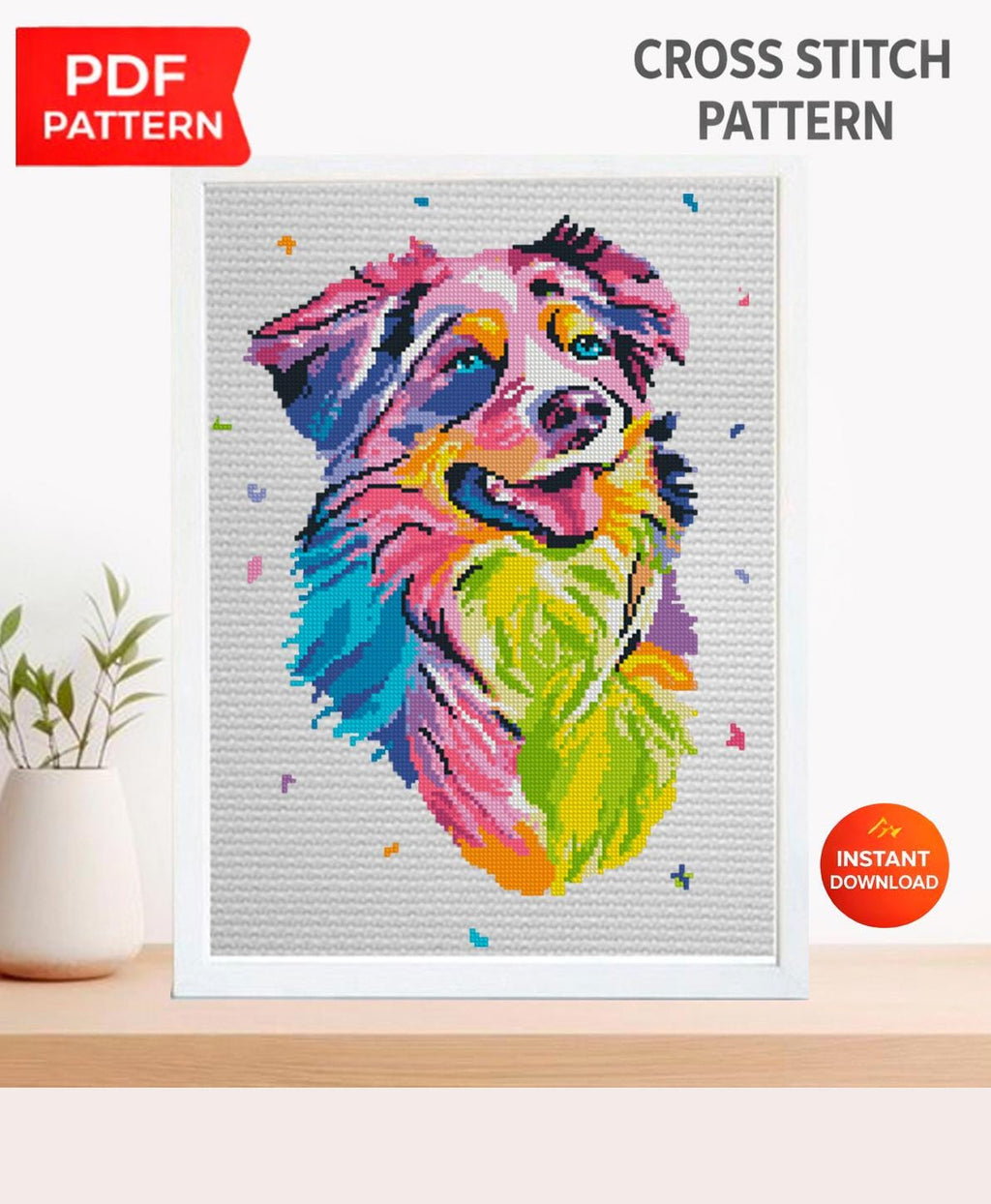 Australian Shepherd Cross Stitch Pattern PDF, Colorful Aussie Dog Portrait Embroidery Design, Modern Dog Needlework Chart, Dog Lover Gift - NuttyHappyHobby