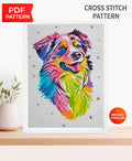 Australian Shepherd Cross Stitch Pattern PDF, Colorful Aussie Dog Portrait Embroidery Design, Modern Dog Needlework Chart, Dog Lover Gift - NuttyHappyHobby