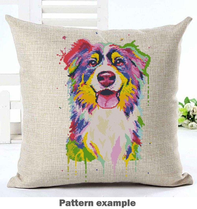 Australian Shepherd Cross Stitch Pattern PDF, Colorful Aussie Dog Portrait Embroidery Design, Modern Dog Needlework Chart, Dog Lover Gift - NuttyHappyHobby