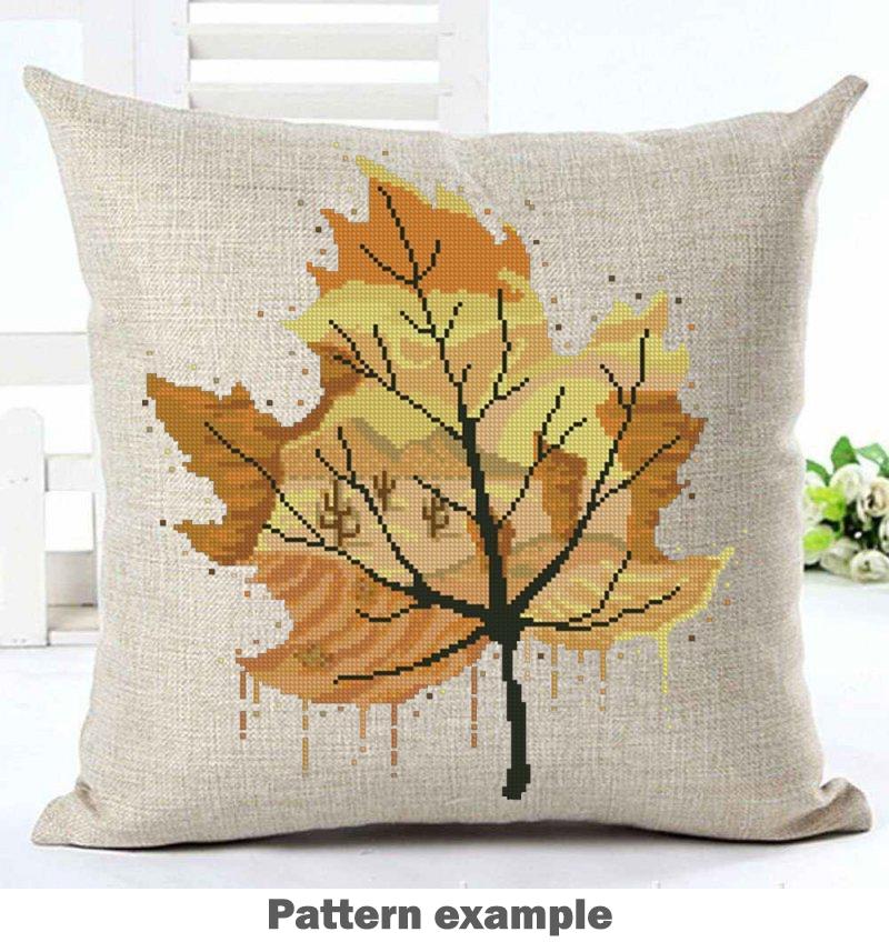 Autumn Leaf Cross Stitch Pattern PDF, Fall Landscape Tree Embroidery Design, Orange Leaf Nature Cross Stitch, Modern Silhouette Art Download - NuttyHappyHobby