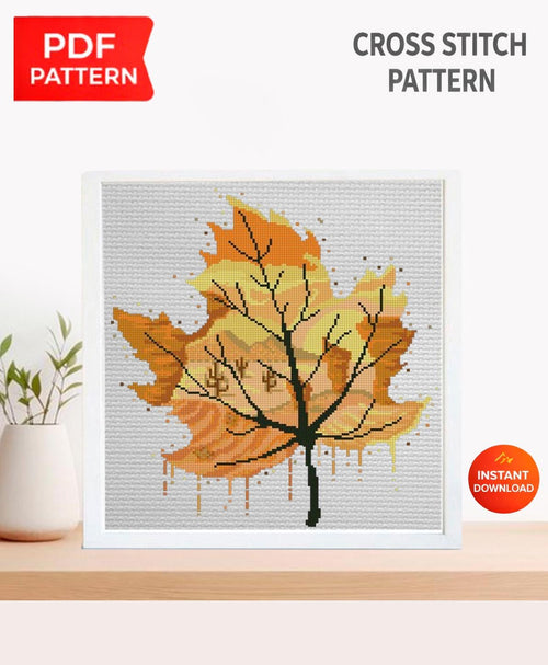 Autumn Leaf Cross Stitch Pattern PDF, Fall Landscape Tree Embroidery Design, Orange Leaf Nature Cross Stitch, Modern Silhouette Art Download - NuttyHappyHobby