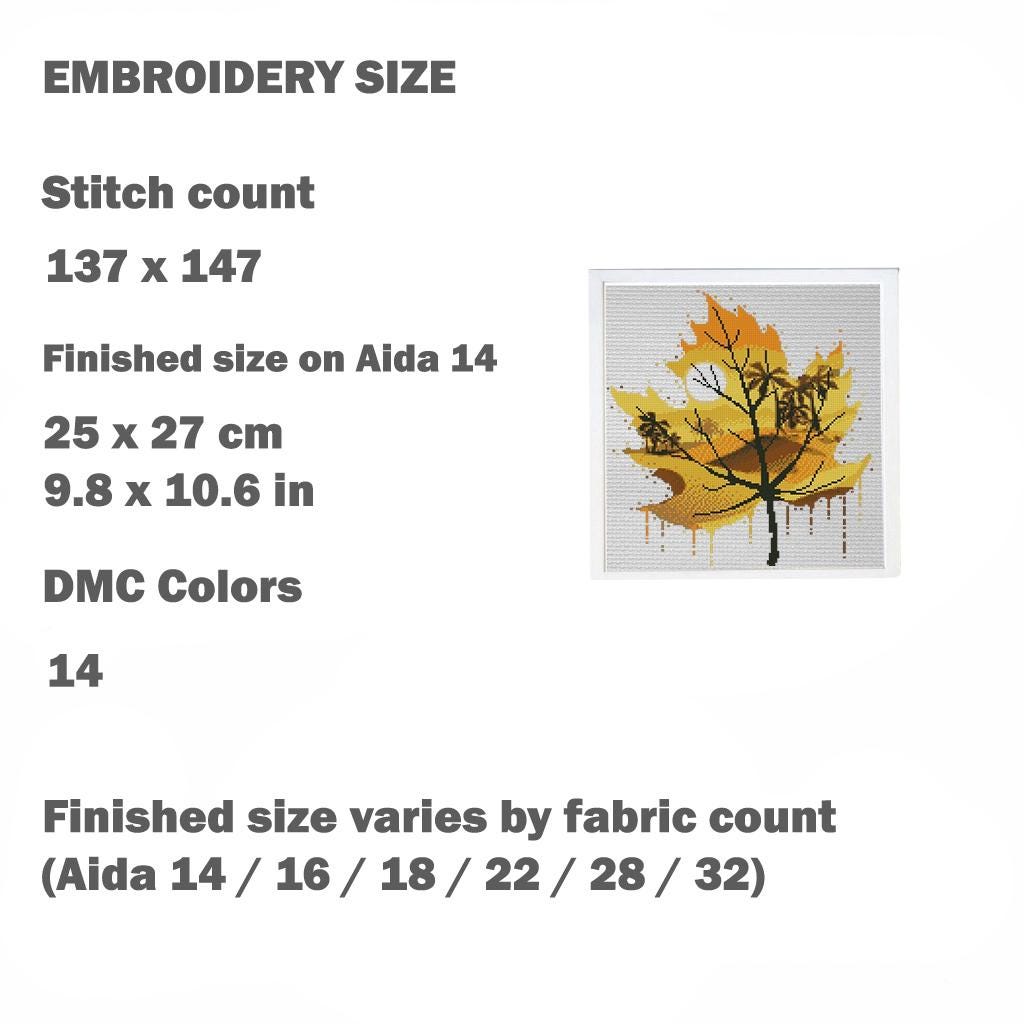 Autumn Leaf Cross Stitch Pattern PDF, Fall Landscape Tree Embroidery Design, Watercolor Leaf Nature Cross Stitch, Modern Silhouette Art - NuttyHappyHobby