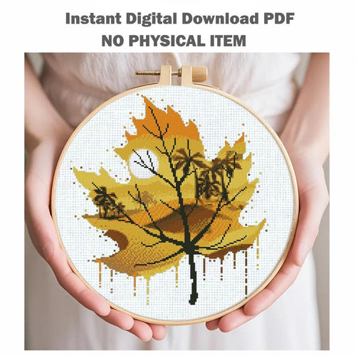 Autumn Leaf Cross Stitch Pattern PDF, Fall Landscape Tree Embroidery Design, Watercolor Leaf Nature Cross Stitch, Modern Silhouette Art - NuttyHappyHobby