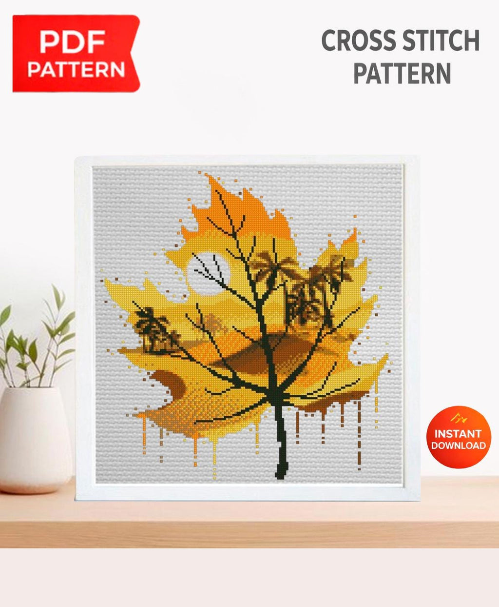 Autumn Leaf Cross Stitch Pattern PDF, Fall Landscape Tree Embroidery Design, Watercolor Leaf Nature Cross Stitch, Modern Silhouette Art - NuttyHappyHobby