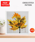 Autumn Leaf Cross Stitch Pattern PDF, Fall Landscape Tree Embroidery Design, Watercolor Leaf Nature Cross Stitch, Modern Silhouette Art - NuttyHappyHobby