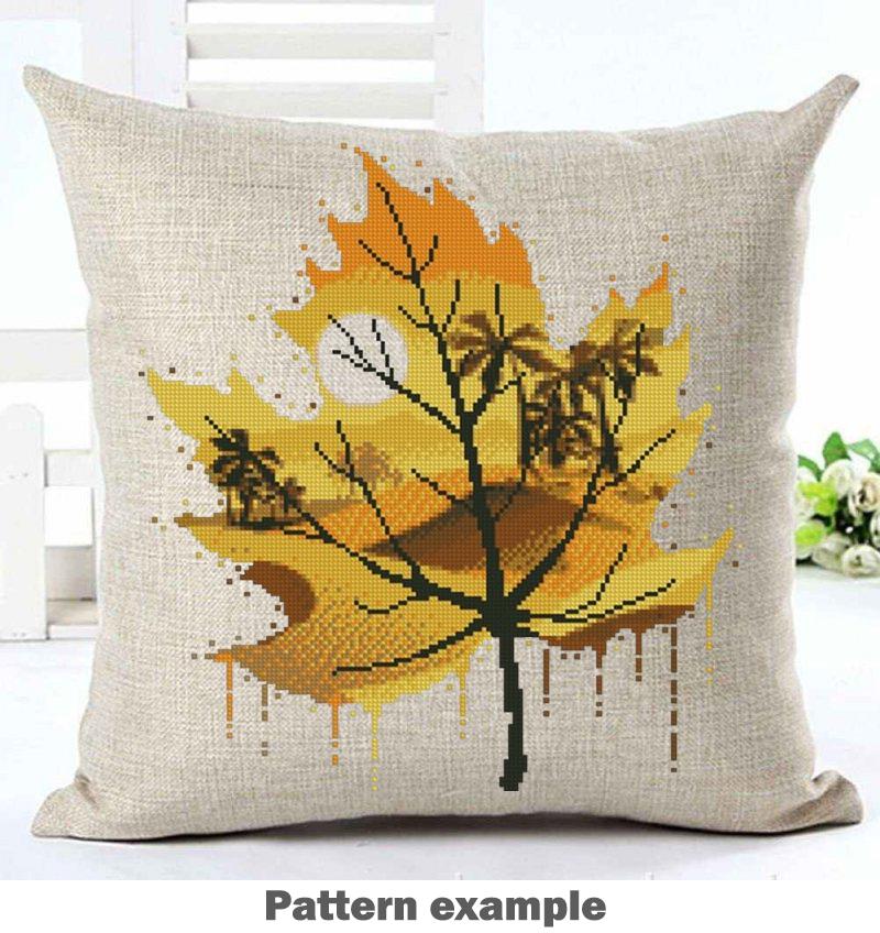 Autumn Leaf Cross Stitch Pattern PDF, Fall Landscape Tree Embroidery Design, Watercolor Leaf Nature Cross Stitch, Modern Silhouette Art - NuttyHappyHobby