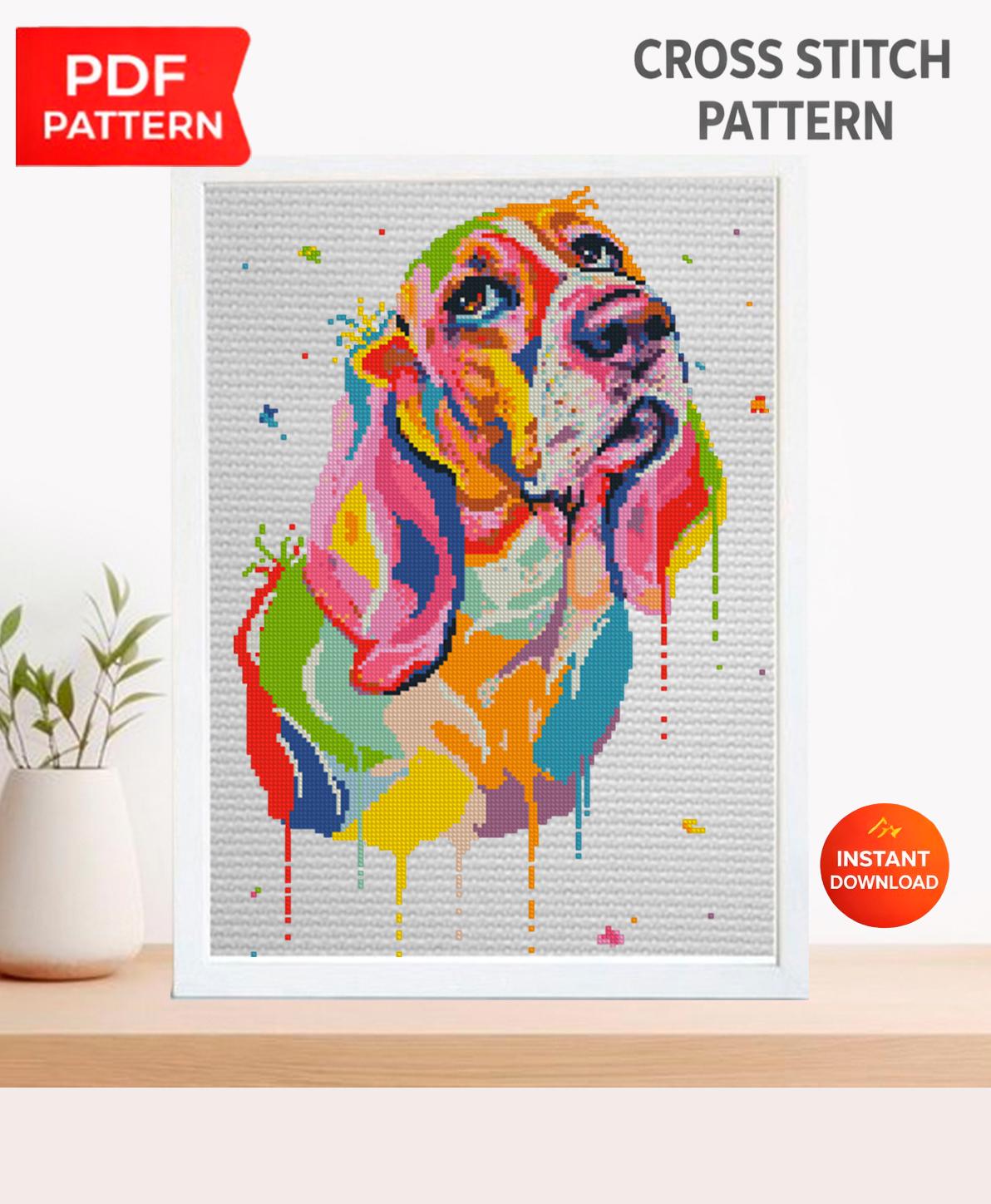 Basset Hound Cross Stitch Pattern PDF, Colorful Basset Dog Embroidery Design, Modern Dog Portrait Needlework Chart, Dog Lover Gift, download - NuttyHappyHobby