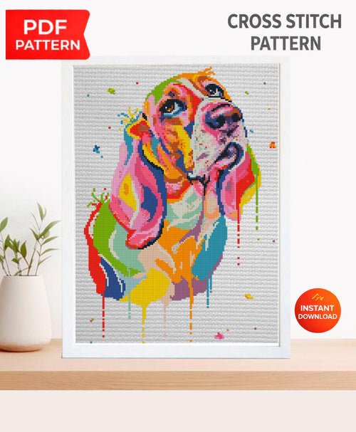Basset Hound Cross Stitch Pattern PDF, Colorful Basset Dog Embroidery Design, Modern Dog Portrait Needlework Chart, Dog Lover Gift, download - NuttyHappyHobby