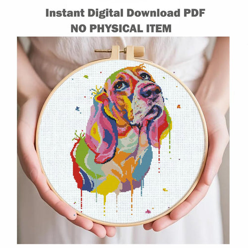 Basset Hound Cross Stitch Pattern PDF, Colorful Basset Dog Embroidery Design, Modern Dog Portrait Needlework Chart, Dog Lover Gift, download - NuttyHappyHobby