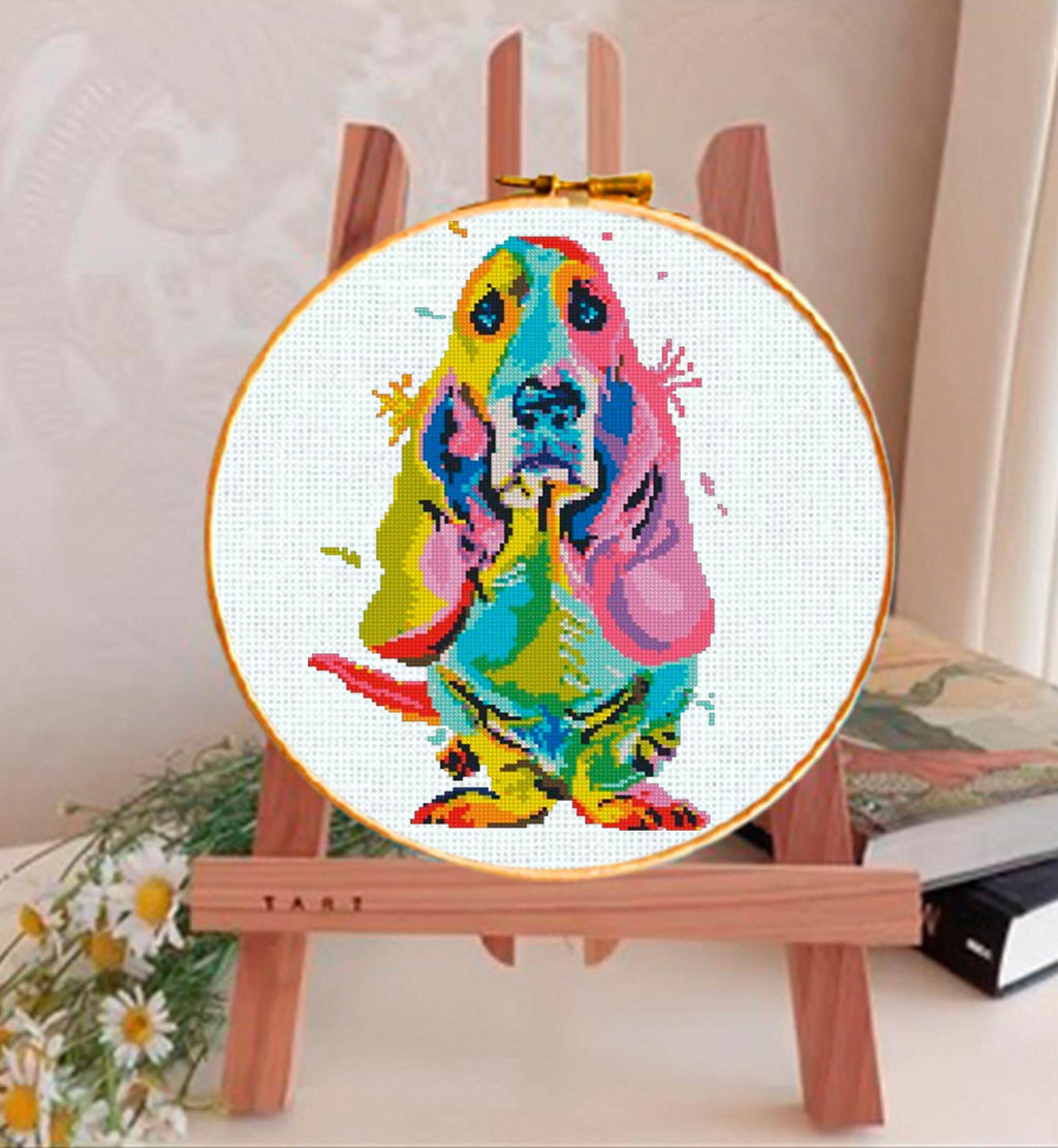 Basset Hound Cross Stitch Pattern PDF, Colorful Dog Portrait Embroidery Design, Modern Pop Art Dog Needlework Chart, Pet Lover Gift - NuttyHappyHobby