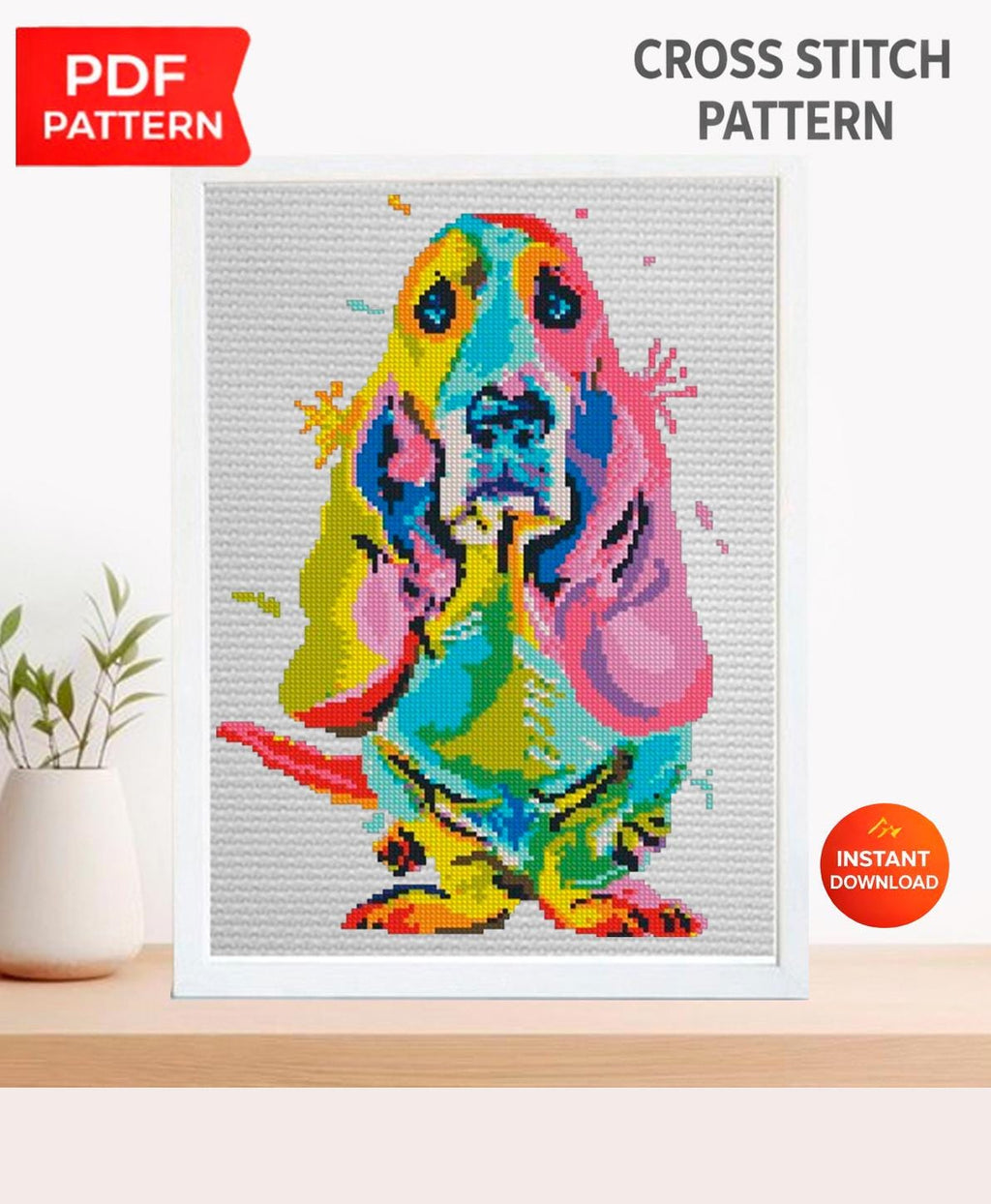Basset Hound Cross Stitch Pattern PDF, Colorful Dog Portrait Embroidery Design, Modern Pop Art Dog Needlework Chart, Pet Lover Gift - NuttyHappyHobby