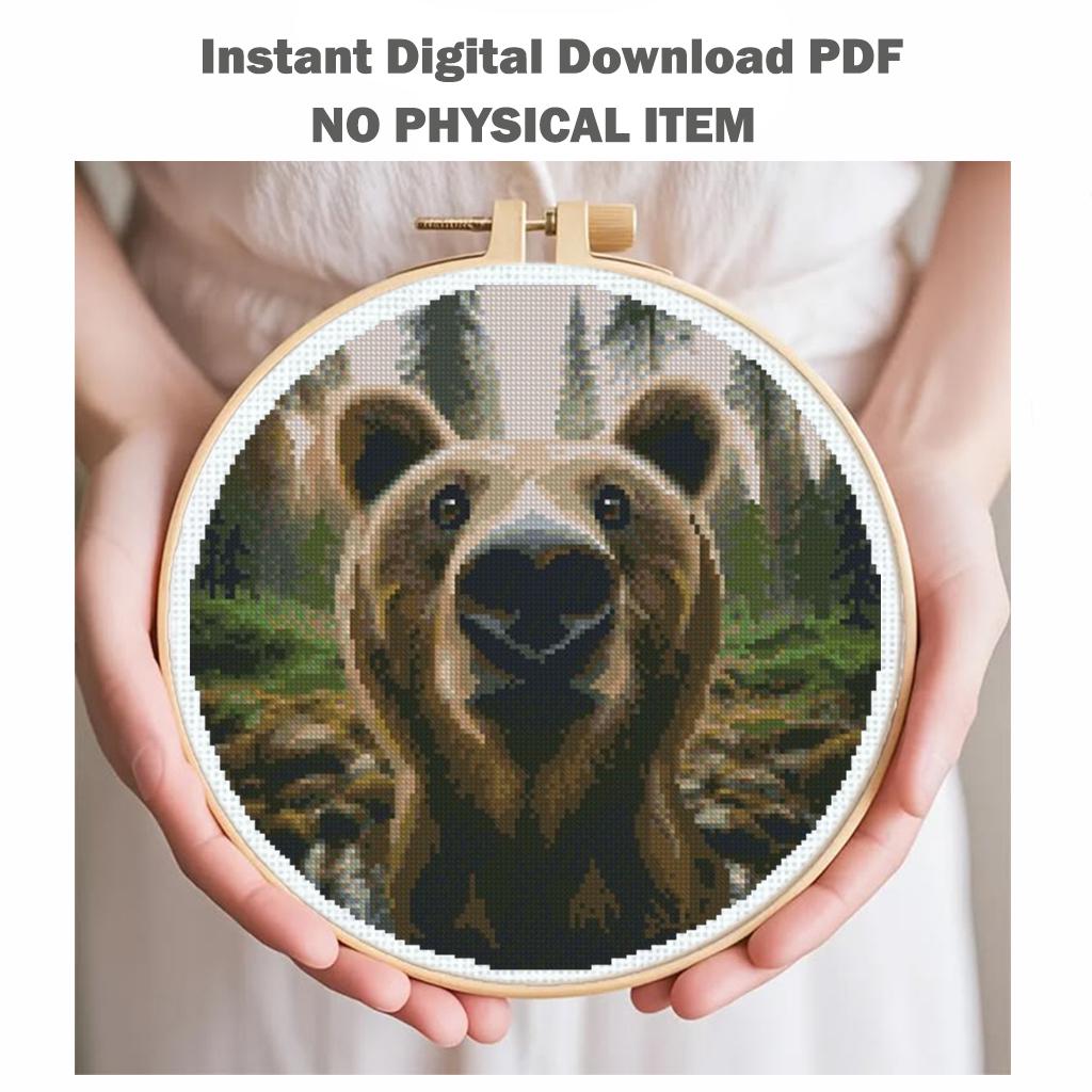 Bear Cross Stitch Pattern PDF, Forest Animal Embroidery Design, Realistic Brown Bear Portrait, Woodland Nature Cross Stitch, Modern Hoop Art - NuttyHappyHobby