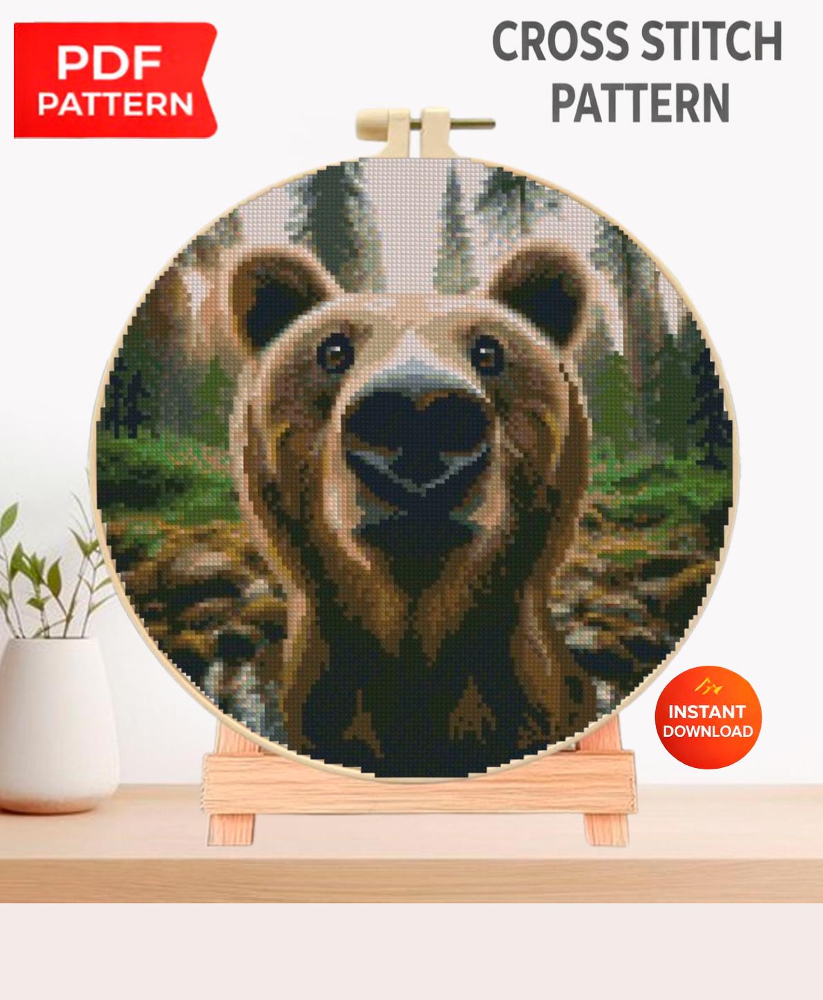 Bear Cross Stitch Pattern PDF, Forest Animal Embroidery Design, Realistic Brown Bear Portrait, Woodland Nature Cross Stitch, Modern Hoop Art - NuttyHappyHobby