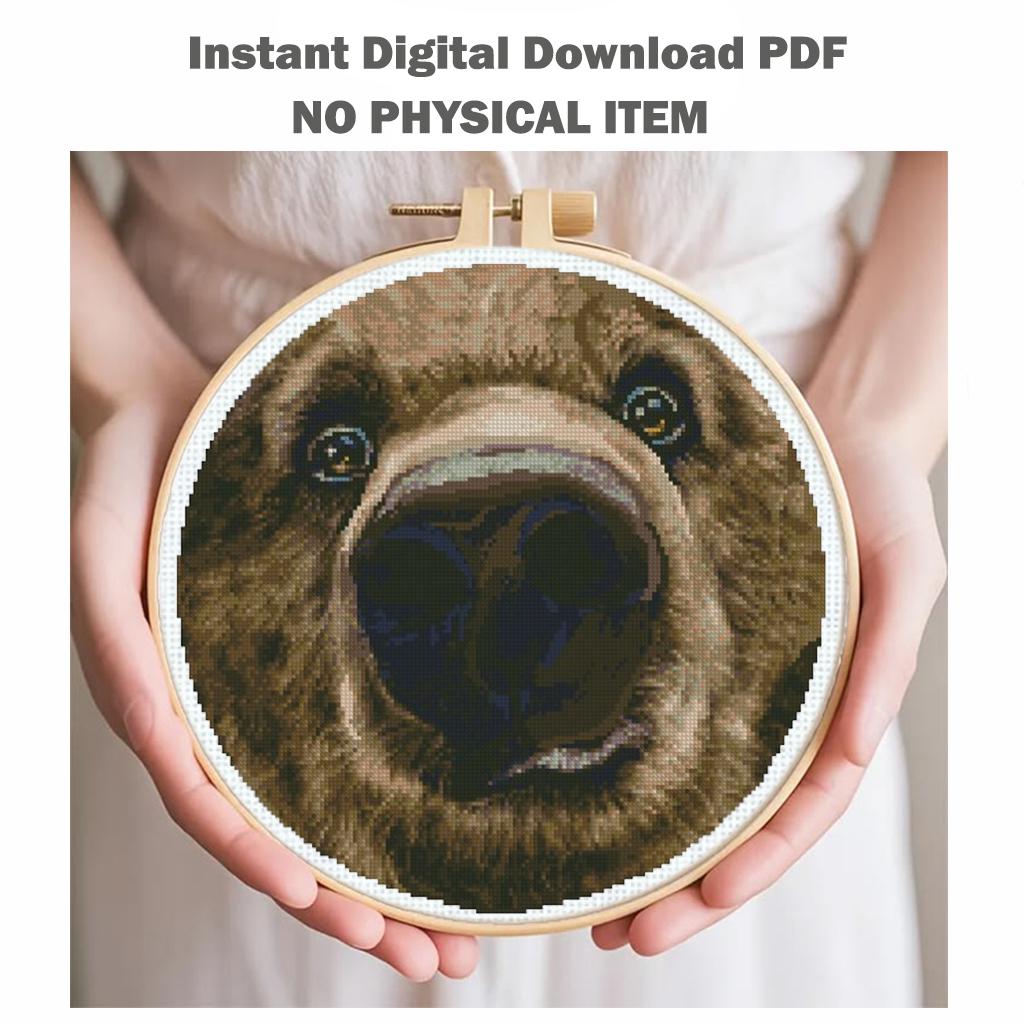 Bear Nose Cross Stitch Pattern PDF, Funny Bear Portrait Embroidery Design, Close Up Animal Face, Realistic Wildlife Cross Stitch, Hoop Art - NuttyHappyHobby