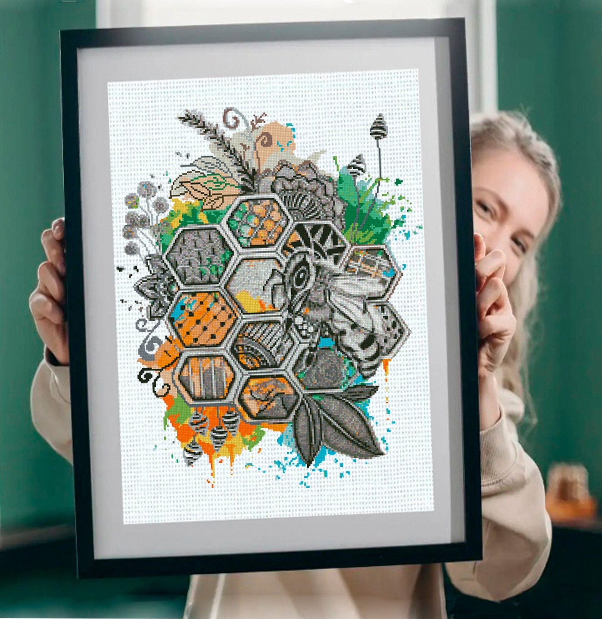 Bee Cross Stitch Pattern PDF, Honeycomb Bee Embroidery Design, Botanical Bee Cross Stitch Chart, Pollinator Nature Needlepoint, download - NuttyHappyHobby