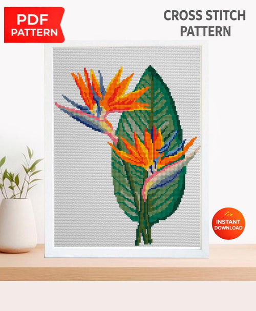 Bird of Paradise Cross Stitch Pattern PDF, Tropical Flower Embroidery Chart, Strelitzia Design for Pillow, Modern Botanical Instant Download - NuttyHappyHobby