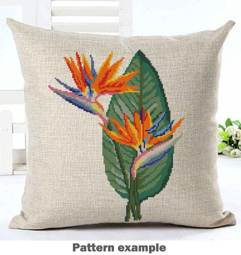 Bird of Paradise Cross Stitch Pattern PDF, Tropical Flower Embroidery Chart, Strelitzia Design for Pillow, Modern Botanical Instant Download - NuttyHappyHobby