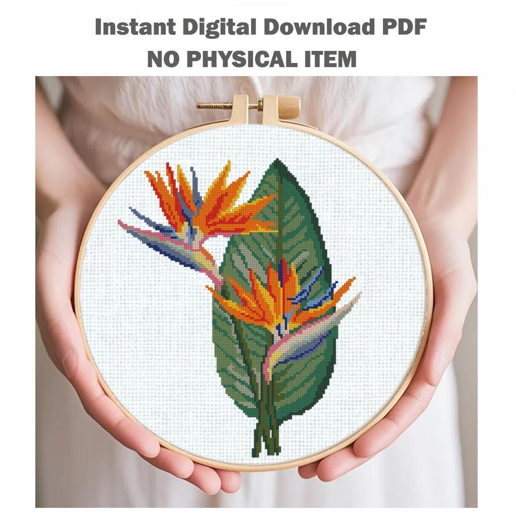 Bird of Paradise Cross Stitch Pattern PDF, Tropical Flower Embroidery Chart, Strelitzia Design for Pillow, Modern Botanical Instant Download - NuttyHappyHobby