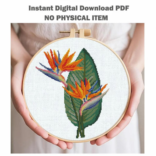 Bird of Paradise Cross Stitch Pattern PDF, Tropical Flower Embroidery Chart, Strelitzia Design for Pillow, Modern Botanical Instant Download - NuttyHappyHobby