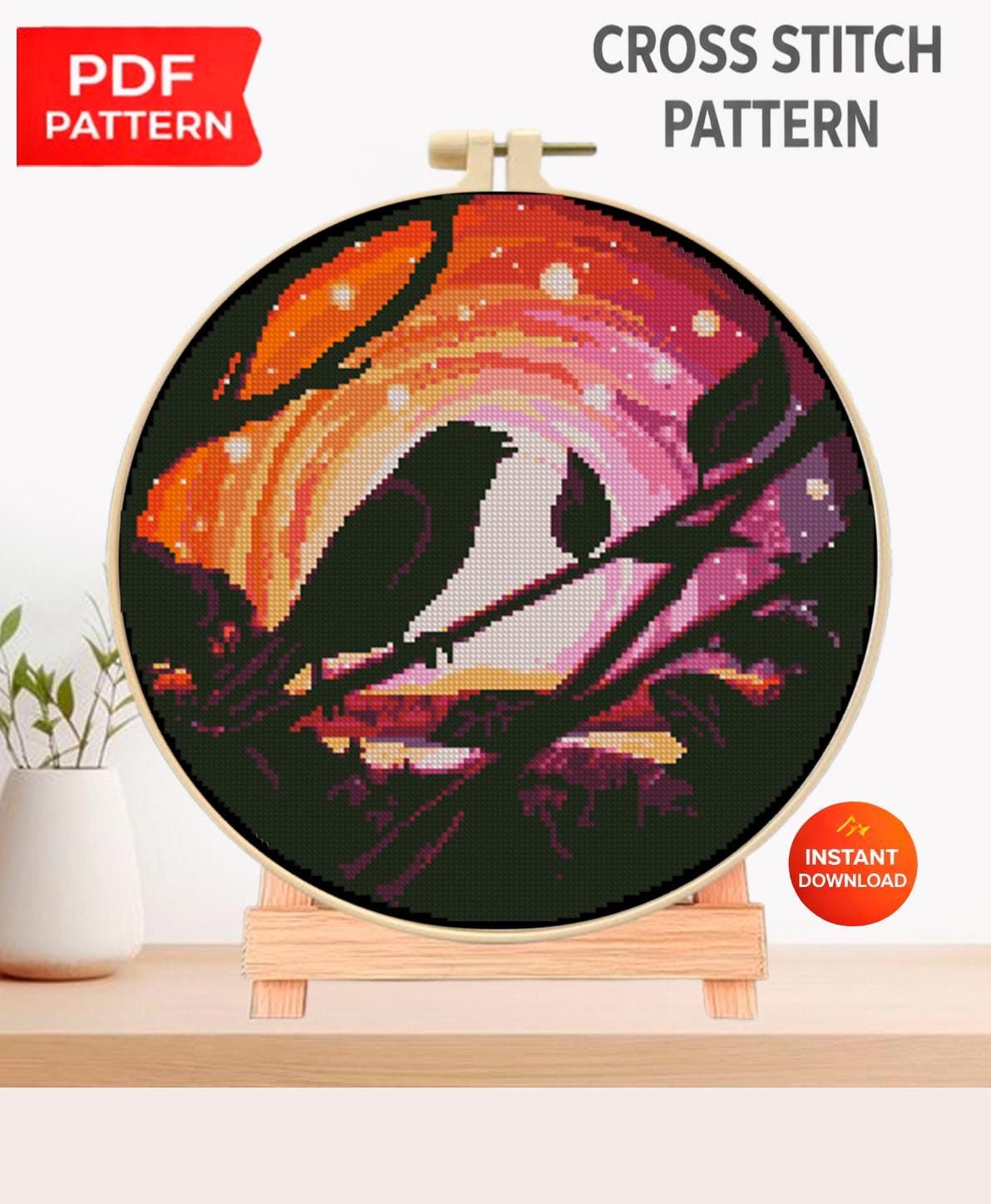 Bird Silhouette Cross Stitch Pattern PDF, Sunset Landscape Birds on Branch, Round Hoop Modern Embroidery Chart, Nature Wall Art, Download - NuttyHappyHobby