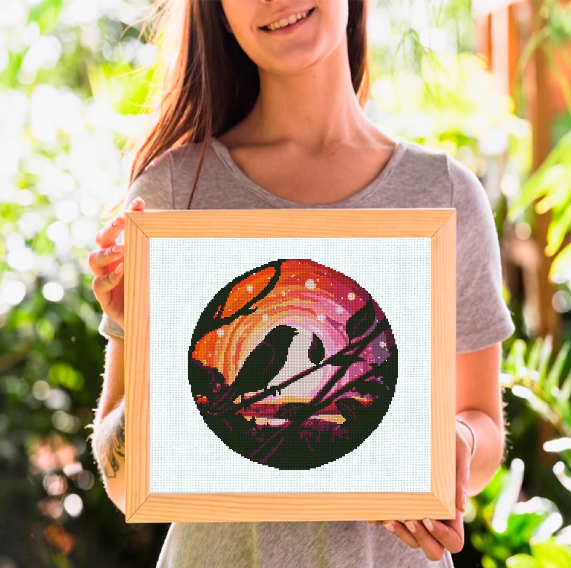 Bird Silhouette Cross Stitch Pattern PDF, Sunset Landscape Birds on Branch, Round Hoop Modern Embroidery Chart, Nature Wall Art, Download - NuttyHappyHobby