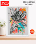 Black Flower Cross Stitch Pattern PDF, Modern Floral Embroidery Design, Butterfly Cross Stitch Chart, Artistic Needlework, Instant Download - NuttyHappyHobby