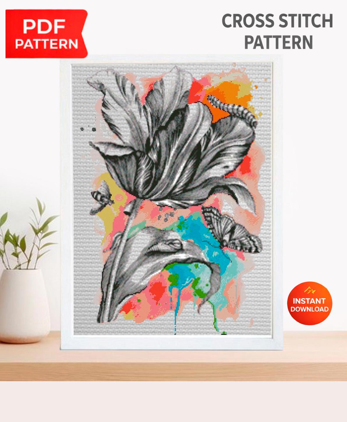 Black Flower Cross Stitch Pattern PDF, Modern Floral Embroidery Design, Butterfly Cross Stitch Chart, Artistic Needlework, Instant Download - NuttyHappyHobby