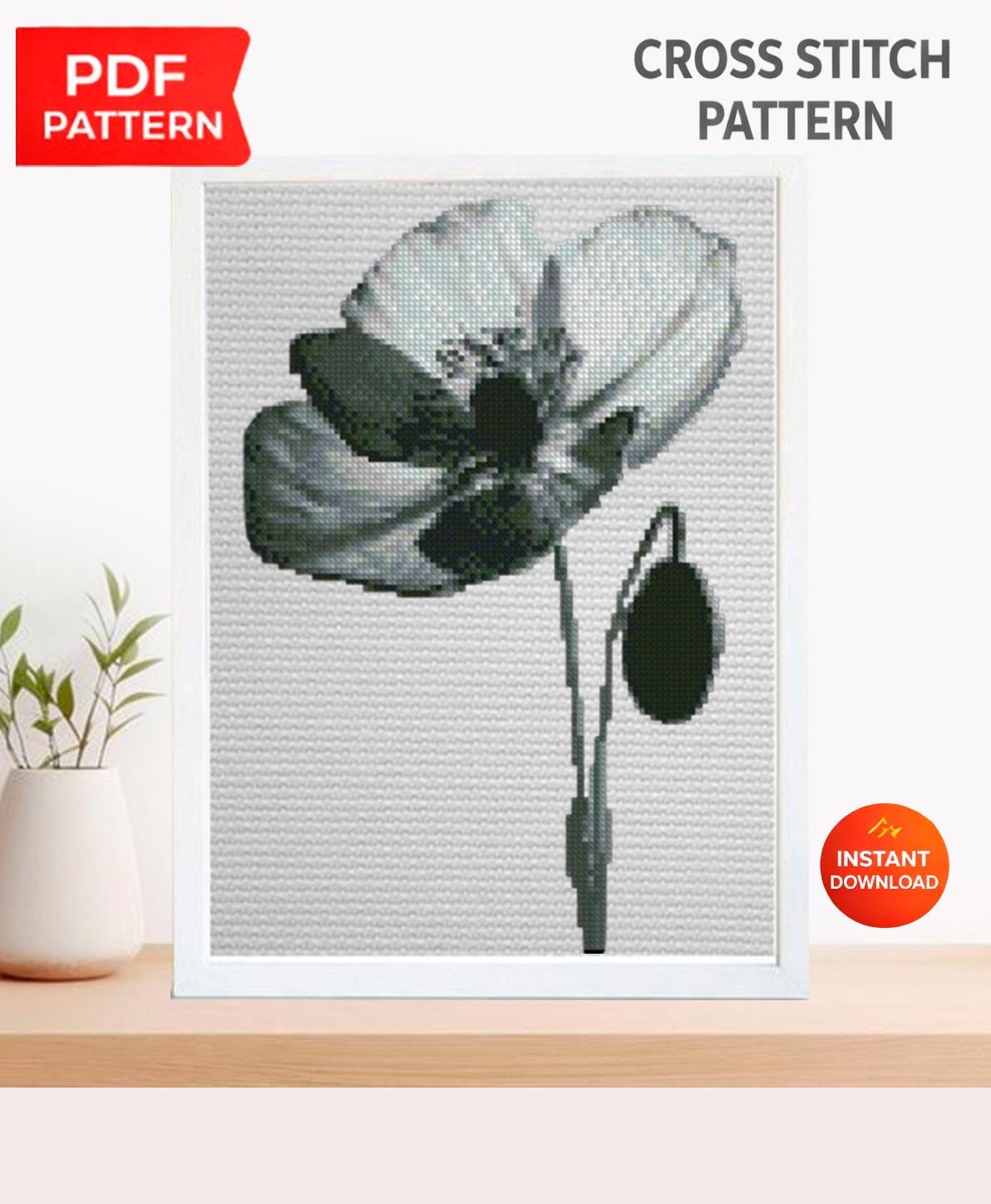 Black Poppy Cross Stitch Pattern PDF, Minimal Botanical Flower Embroidery Chart, Monochrome Floral Round Hoop Design, Instant Download pdf - NuttyHappyHobby